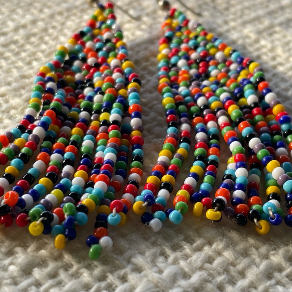 Confetti rainbow fringe seed bead 3” earrings